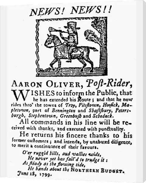 MAIL SERVICE, 1799. Woodcut advertisement from The Northern Budget, Troy, New York