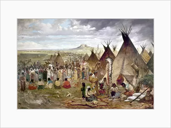 SIOUX ENCAMPMENT. Large Sioux encampment. Oil on canvas by Jules Tavernier, c1874-84