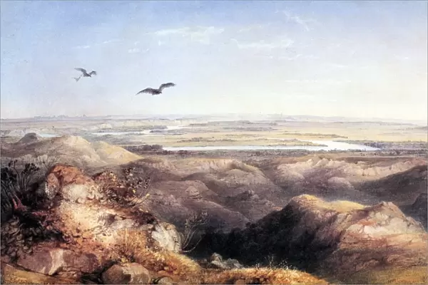 YELLOWSTONE & MISSOURI. Junction of the Yellowstone and the Missouri. Watercolor by Karl Bodmer