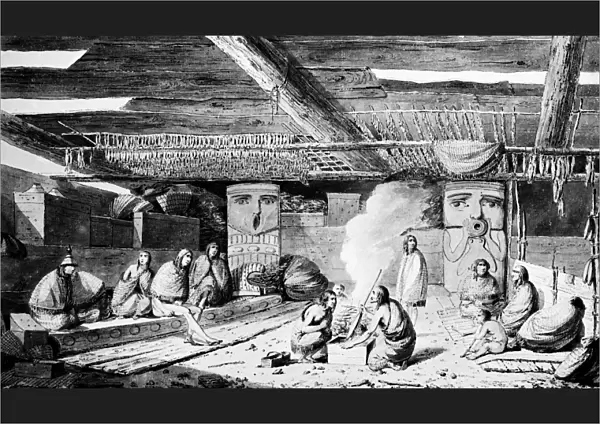 NOOTKA DWELLING, 1778. Nootka Native Americans roasting fish over an open fire