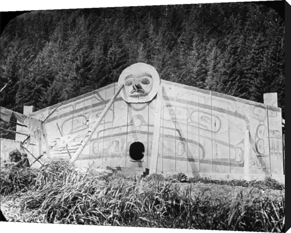 CANADA: HAIDA HOUSE. Painted front of a Haida house belonging to Chief Gold, with