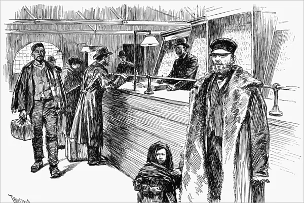 IMMIGRANTS, 1891. At the railroad ticket-office. Engraving, 1891