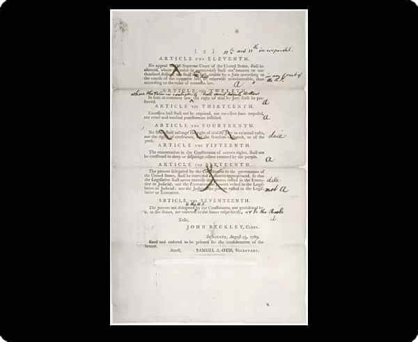 BILL OF RIGHTS, 1789. Draft of the Bill of Rights; Senate revisions to the house-passed