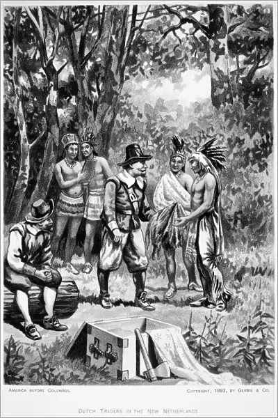 DUTCH FUR TRADE. Dutch settlers in America trading with the Native Americans. American lithograph