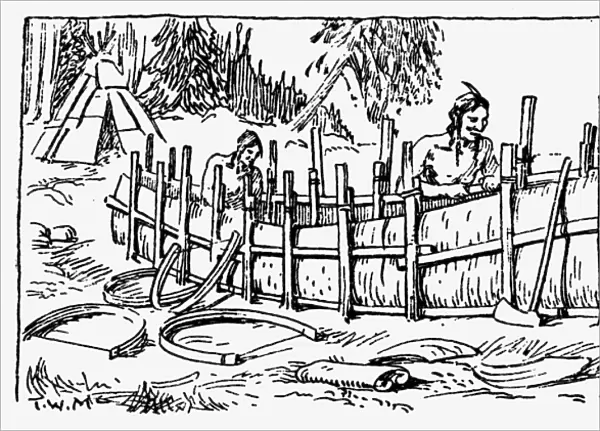 IROQUOIS: BIRCHBARK CANOE. Iroquois Native Americans constructing a birchbark canoe