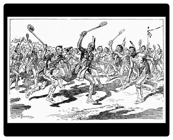IROQUOIS: LACROSSE. Iroquois Native Americans playing lacrosse in preparation for battle