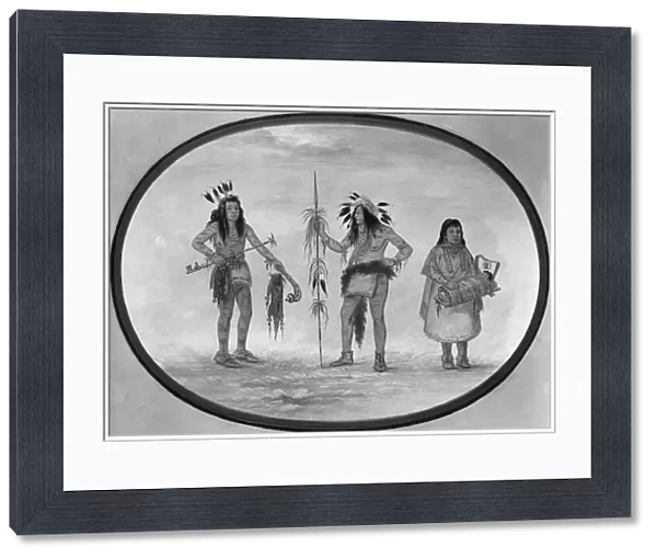 CATLIN: OJIBWA WARRIORS. Two Ojibwa warriors and a woman. Oil on card mounted on paperboard