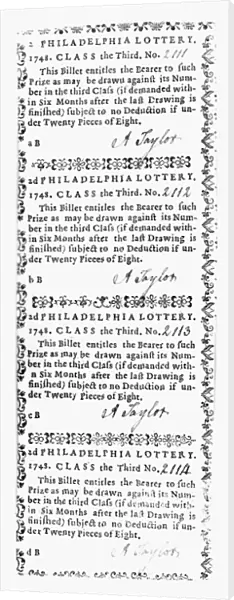 PHILADELPHIA LOTTERY, 1748. Four tickets from the Second Philadelphia Lottery of 1748