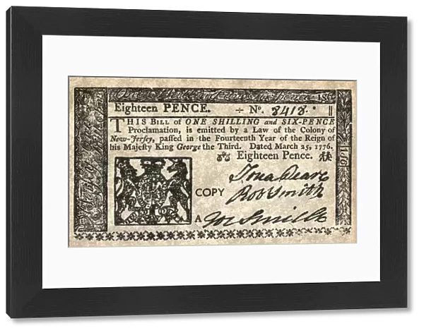 COLONIAL BILL, 1776. 18 pence bill issued by the colony of New Jersey according