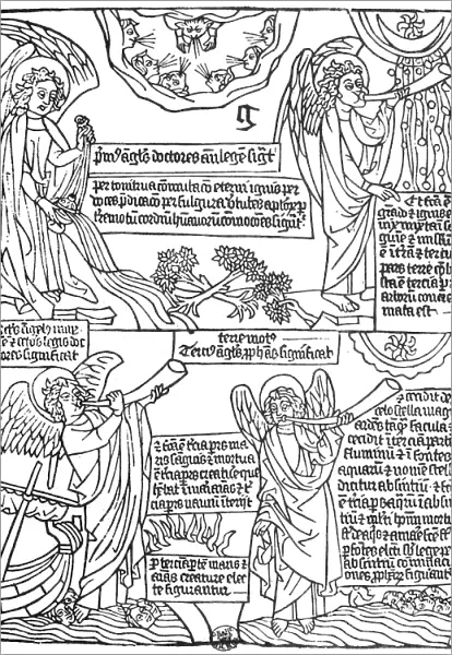 BOOKS: INCUNABULUM. A page from a 15th century Netherlandish Apocalypse block-book
