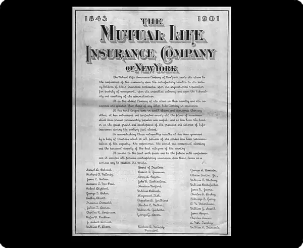 INSURANCE ADVERTISEMENT. American magazine advertisement for the Mutual Life Insurance