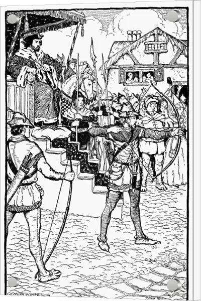 ROBIN HOOD. Robin Hood competing at Prince Johns archery tournament. Drawing, 1914