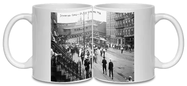 STREETCAR STRIKE, 1916. Striking streetcar workers stopping streetcars