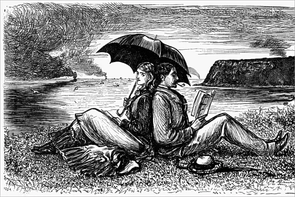 COUPLE READING, 1876. Pen-and-ink drawing, 1876, by George du Maurier