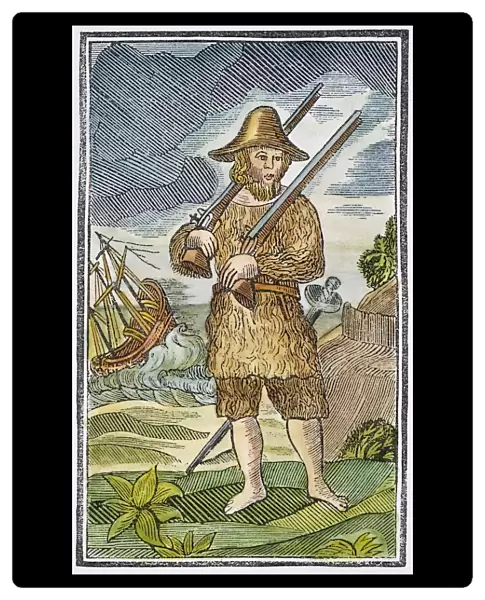 ROBINSON CRUSOE, 1700s. Woodcut from an early 18th century edition of the novel