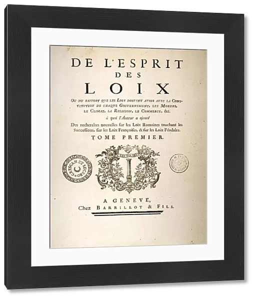 DE L ESPRIT des LOIX, 1748. Title page of the political work by Charles Louis de Secondat