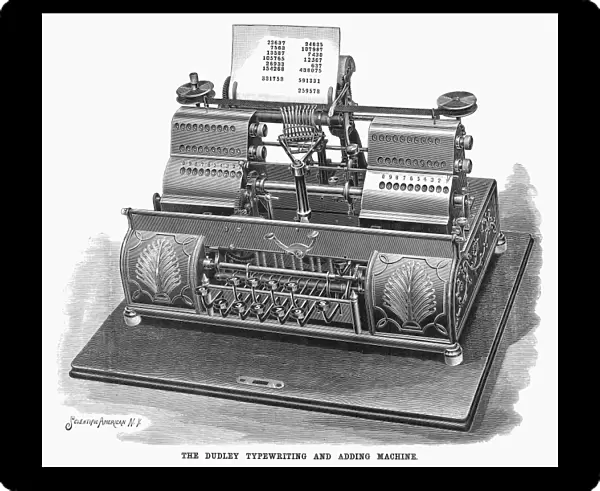TYPEWRITER, 1896. The Dudley typewriter and adding machine. Engraving, American, 1896