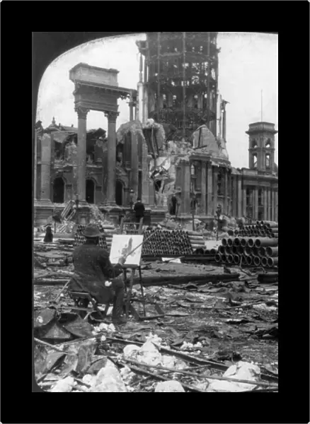 SAN FRANCISCO EARTHQUAKE. An artist seated amid the rubble while painting the destroyed