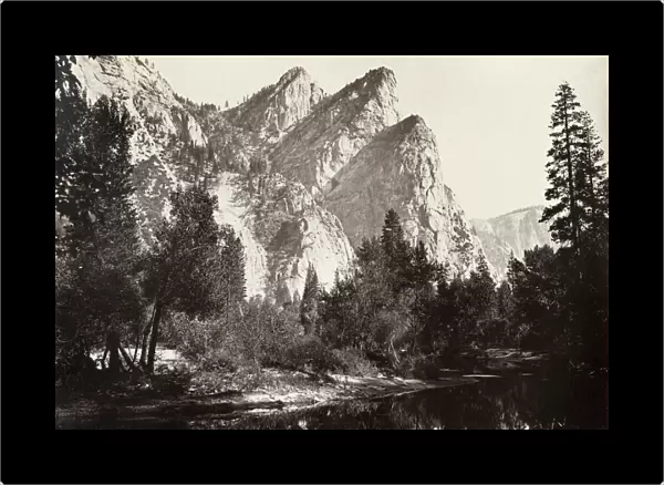YOSEMITE: THREE BROTHERS. View of stream and trees with the Three Brothers mountain