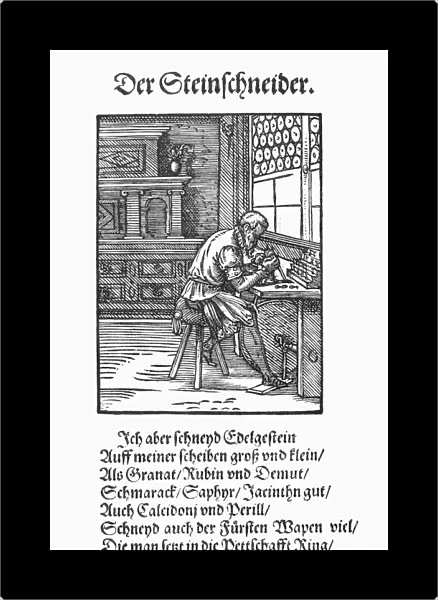 GEM CUTTER, 1568. The Gem Cutter cuts jewels on his wheel: garnets, rubies, diamonds
