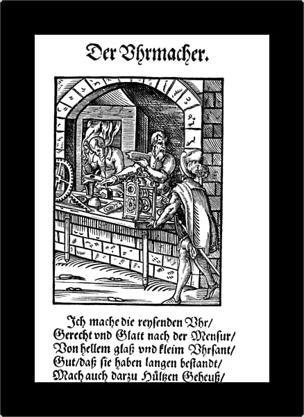 CLOCKMAKER, 1568. The clockmaker manufactures hourglasses, and builds and paints