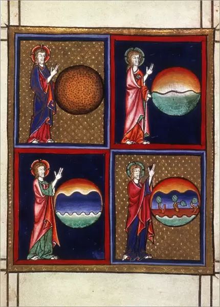 CREATION OF THE EARTH. Manuscript illumination from a French psalter, late 13th century