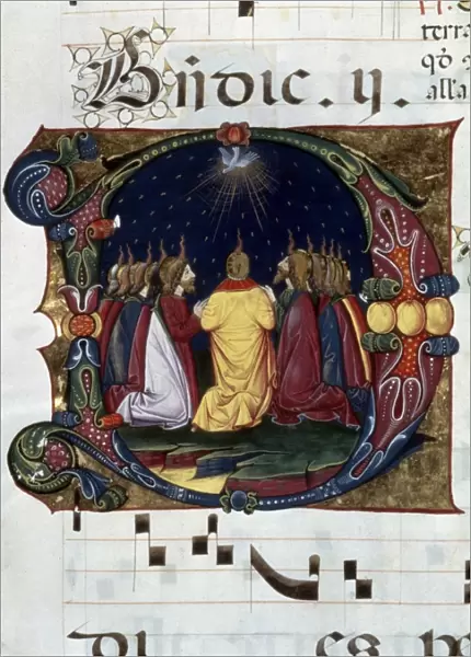 PENTECOST: INITIAL D. Illumination from a Latin antiphonary, 15th century