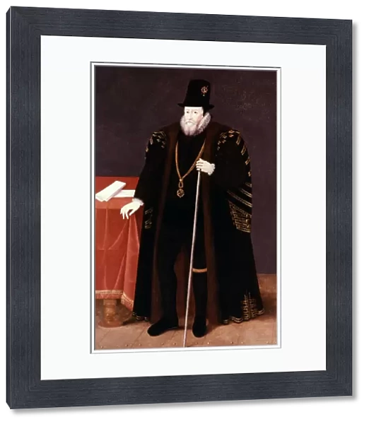 WILLIAM CECIL BURGHLEY (1520-1598). English statesman. Holding the rod of the Lord High Treasurer
