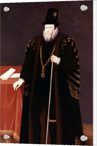 WILLIAM CECIL BURGHLEY (1520-1598). English statesman. Holding the rod of the Lord High Treasurer