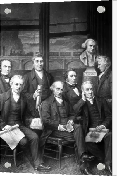FAMOUS ENGINEERS. Fictional group portrait of famous British engineers and inventors