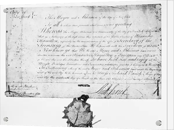 HAMILTON: TESTIMONIAL, 1795. Testimonial praising Alexander Hamilton, and granting