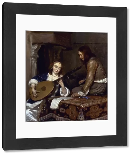 WOMAN PLAYING A THEORBO. Oil painting by Gerard Ter-Borch (1617-1681)