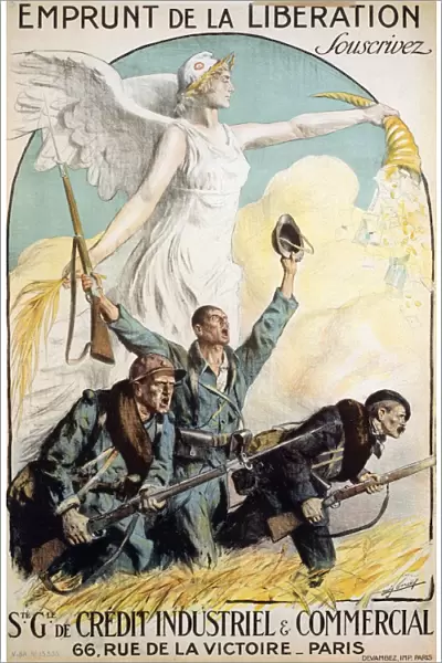 WORLD WAR I: FRENCH POSTER. The Liberation Loan. Three soldiers charging into battle