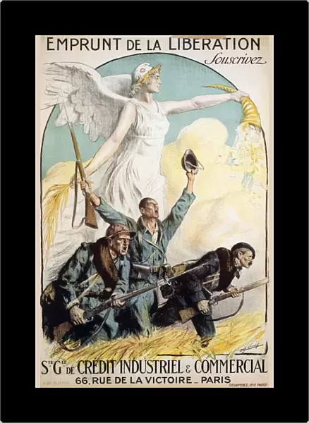 WORLD WAR I: FRENCH POSTER. The Liberation Loan. Three soldiers charging into battle