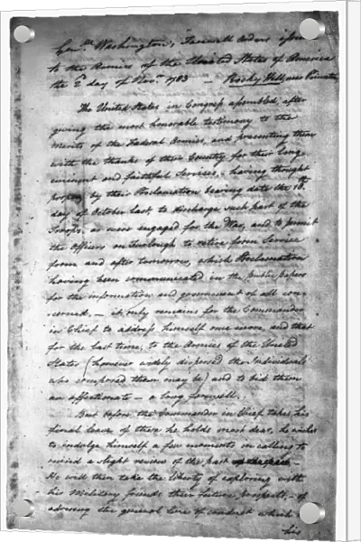 WASHINGTON: FAREWELL, 1783. Page one of the original manuscript of George Washington s