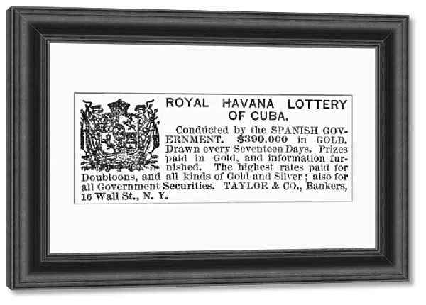 CUBAN LOTTERY, 1869. Advertisement for the Royal Havana Lottery from an American