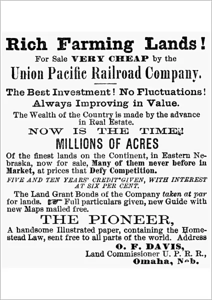RAILROAD: LAND SALE, 1874. Advertisement for farming lands in Nebraska sold by