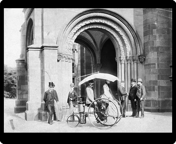 STEAM TRICYCLE, 1888. Inventor Lucius D. Copeland demonstrating his steam tricycle