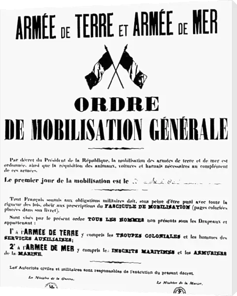 WORLD WAR I: MOBILIZATION. The official order of mobilization for French military forces