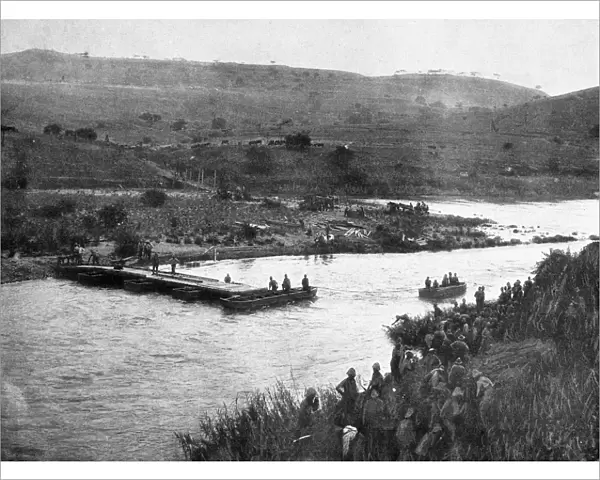 BOER WAR: PONTOON BRIDGE. British soldiers constructing a pontoon bridge over the Tugela River
