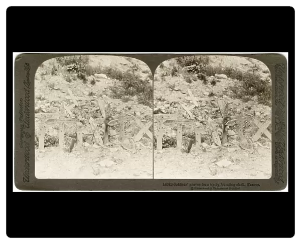 WWI: GRAVES, c1917. Soldiers graves torn up by bursting shell, France. Stereograph