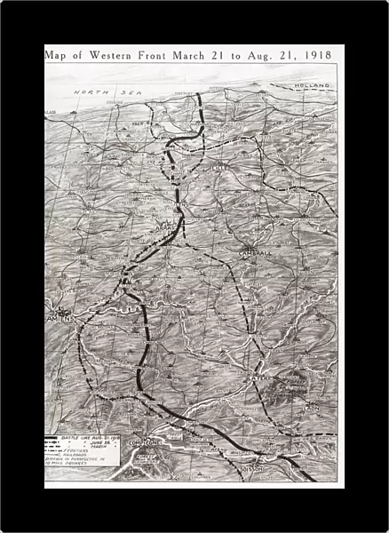 WORLD WAR I: WESTERN FRONT. Map depicting the battle line when the German offensive of March 21