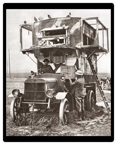 WWI: CARRIER PIGEONS. A London motor bus converted into a travelling loft for carrier