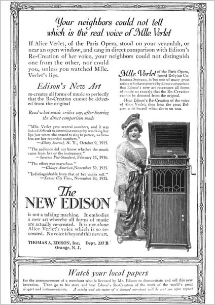 PHONOGRAPH, 1916. Advertisement from an American magazine featuring Belgian soprano