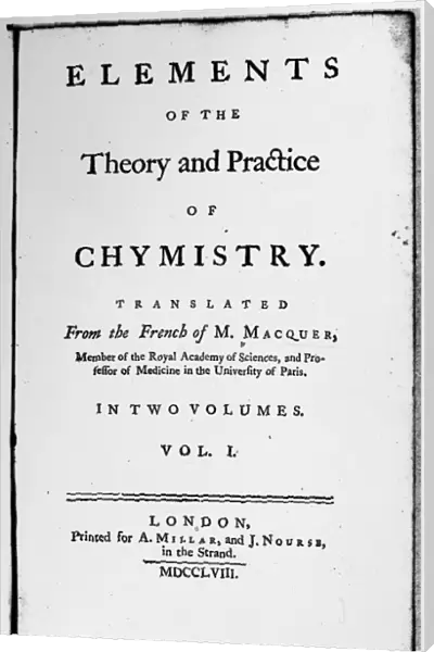 CHEMISTRY: TITLE PAGE, 1758. Title page of Thomas Jefferson copy of Elements of the Theory