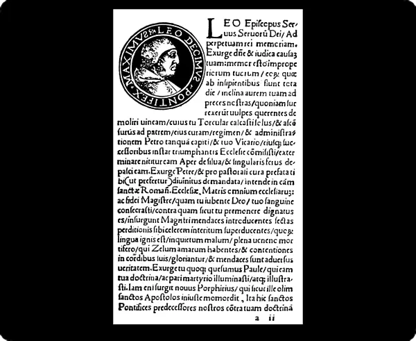 PAPAL BULL AGAINST LUTHER. The first page of the Bull Against Luther and Followers
