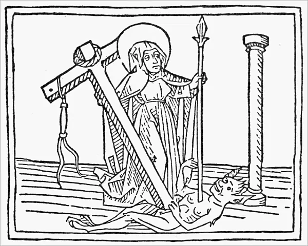 MARY AND THE DEVIL. How Mary by her mercy vanquished the Devil. English woodcut, c1500
