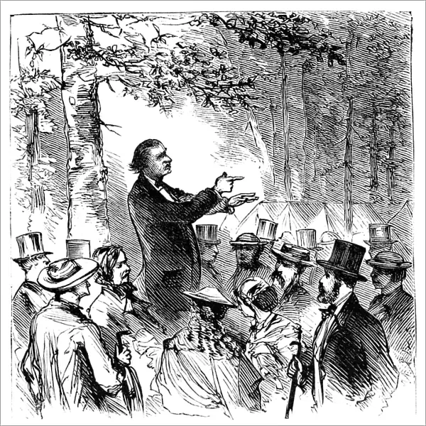 CAMP MEETING, 1869. An outdoor preacher at the national Methodist camp meeting