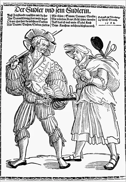 GERMAN SOLDIER, 1535. A lansquenet (mercenary) and his companion. German woodcut