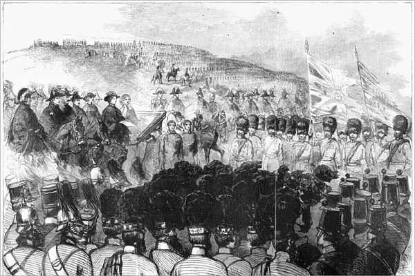 ENGLAND: ALDERSHOT, 1856. The Queen addressing the troops at Aldershott. Engraving